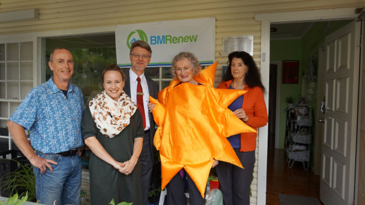 Standing in front of the new plaque, from left, Gary Caganoff (Sun-Kissed Solar), Marnie Tomczyk (BMRenew), Richard Wadick (Westpac), Noni McDevitt (BMRenew), Morna Colbran (Winmalee Neighbourhood Centre)